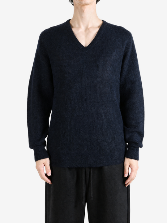 Navy top, full body view