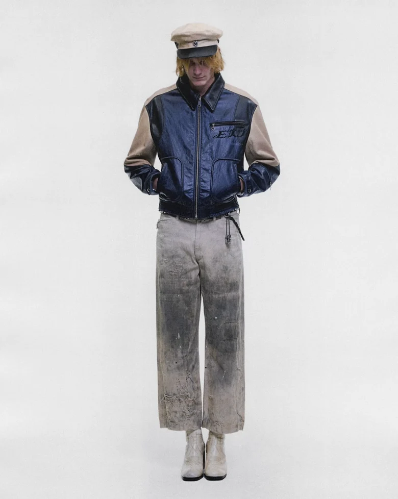 Navy jacket, full body view