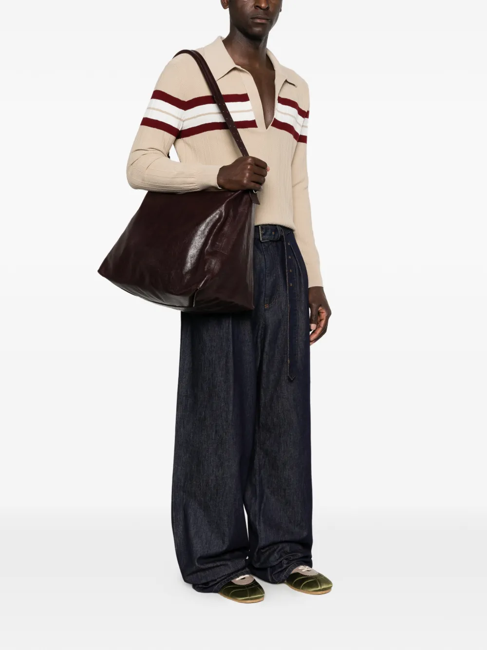 brown bags worn by a person, showing the bags fit