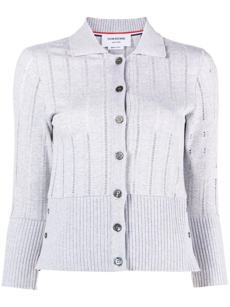 THOM BROWNE Women 3/4 Sleeve Polo Collar Cardigan In Cotton Pointelle