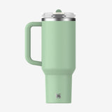 Green straw tumbler, back view