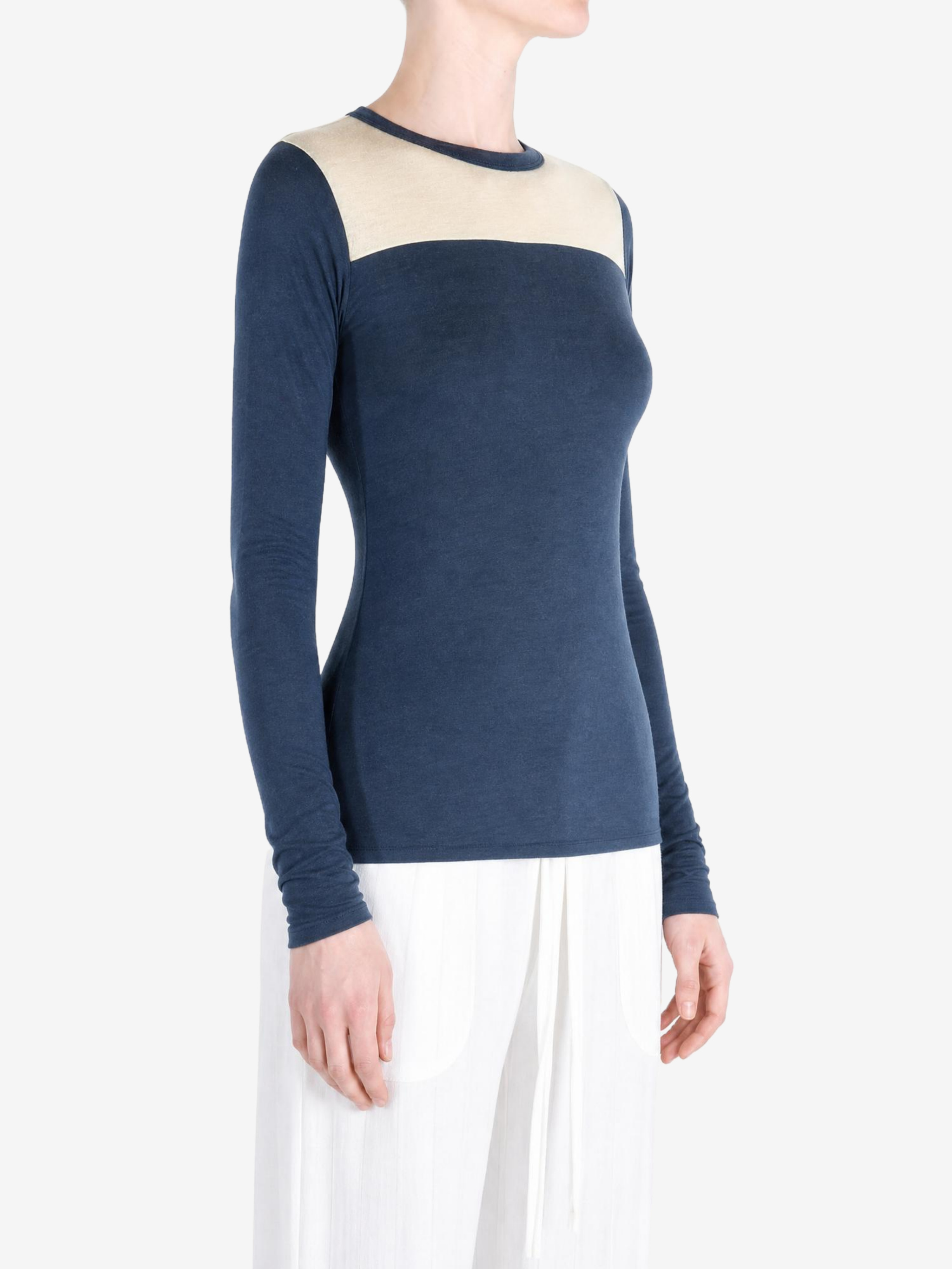 Navy t-shirt worn by a person, showing the t-shirt fit