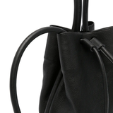 Close up of black bag, showing texture of the calf leather fabric