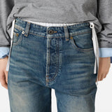 Blue jeans worn by a person, showing the jeans fit