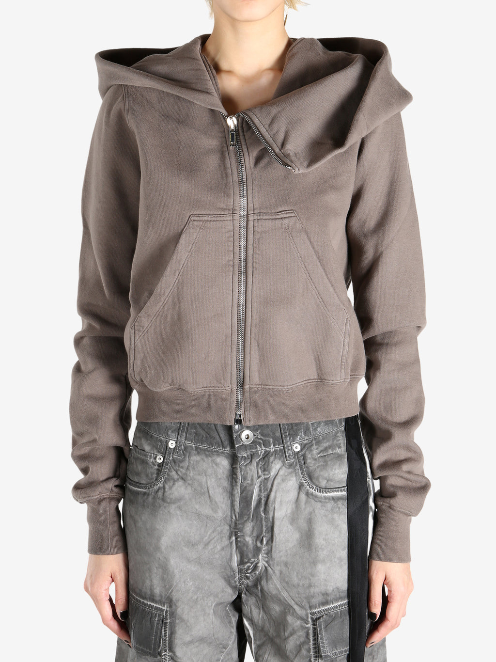 Grey hoodies worn by a person, showing the hoodies fit