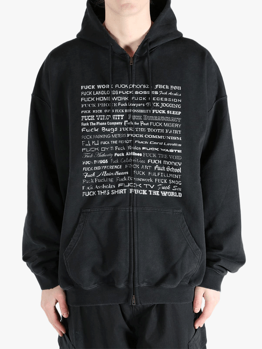 Black hoodie worn by a person, showing the hoodie fit