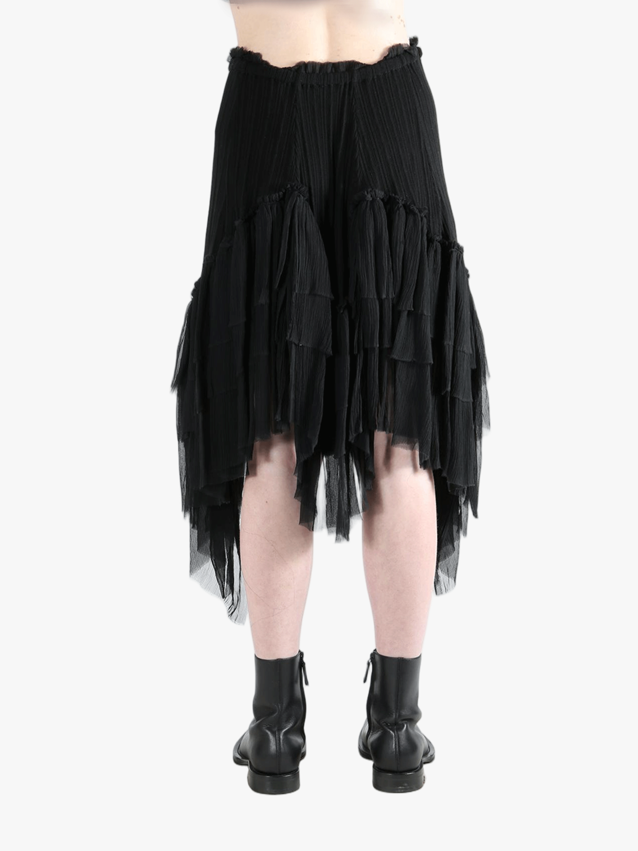 Black skirts worn by a person, showing the skirts fit