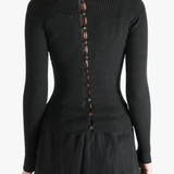 Black knitear worn by a person, showing the knitwear's fit