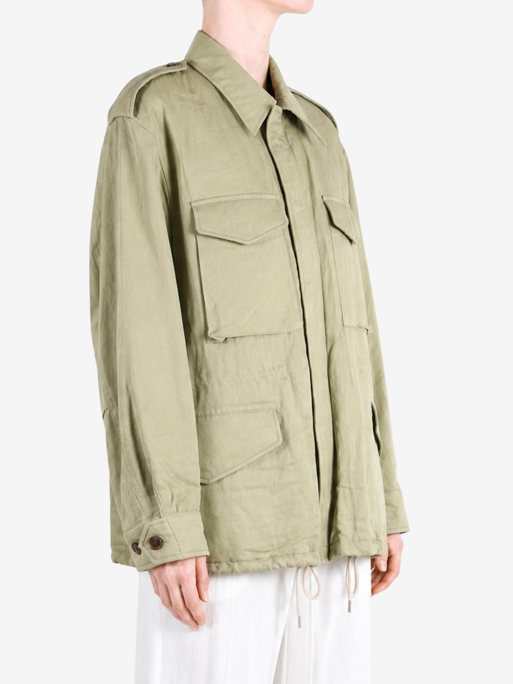 Tan jacket worn by a person, showing the jacket fit