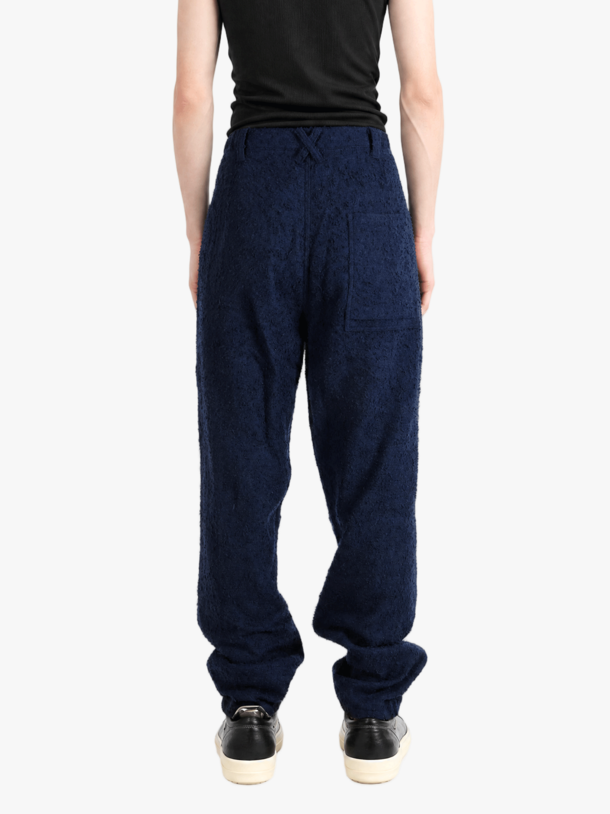 Navy pants, full body view