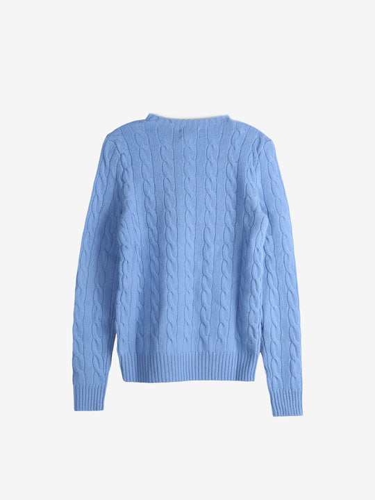 Blue knitwear, back view
