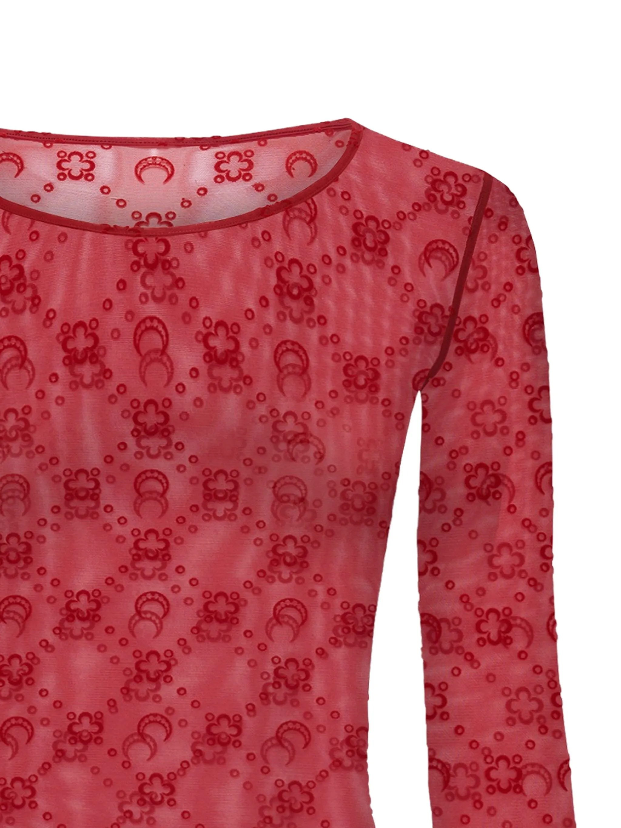 Close up of red top, showing texture of the mesh fabric