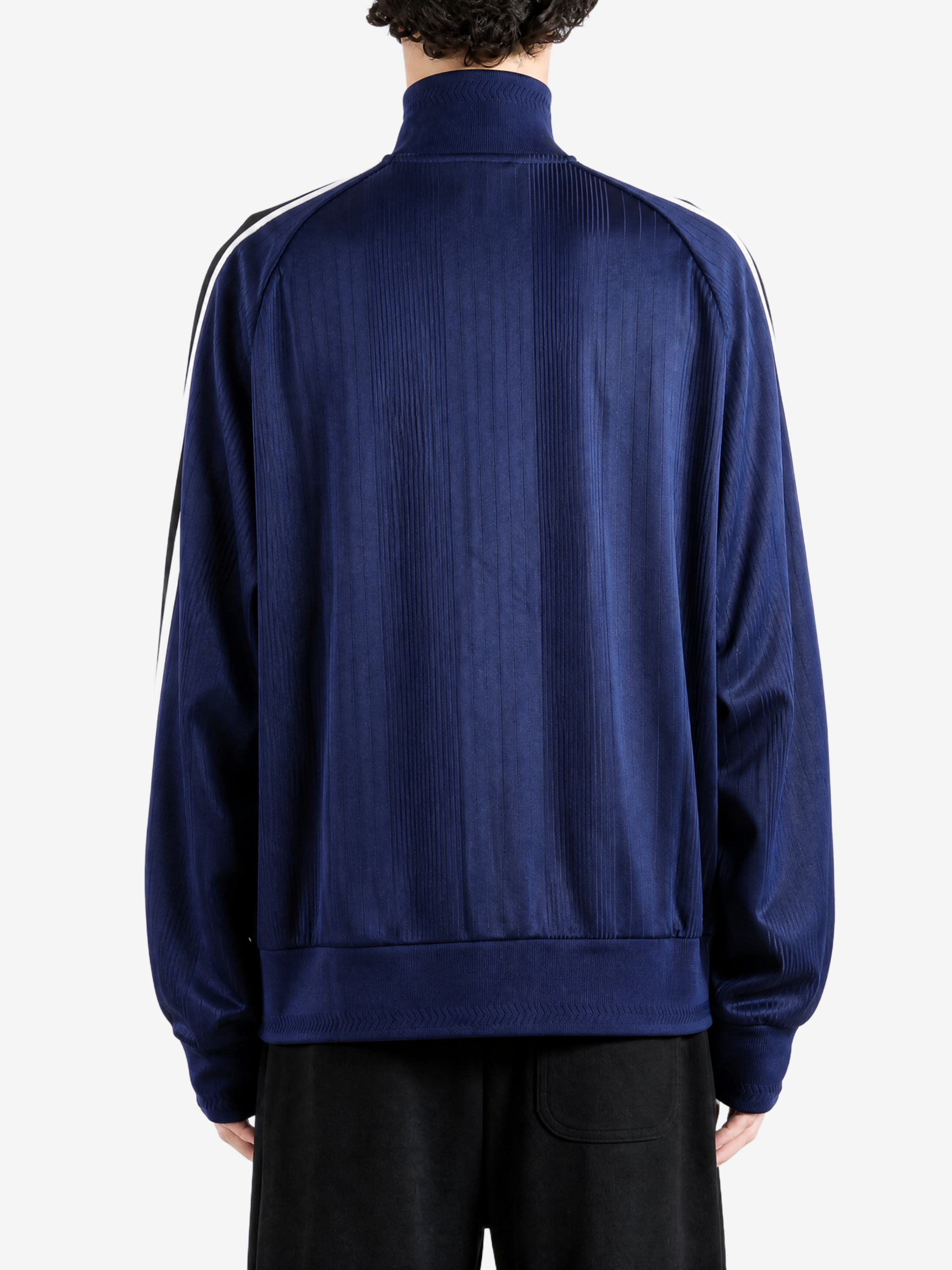 Navy jacket, full body view