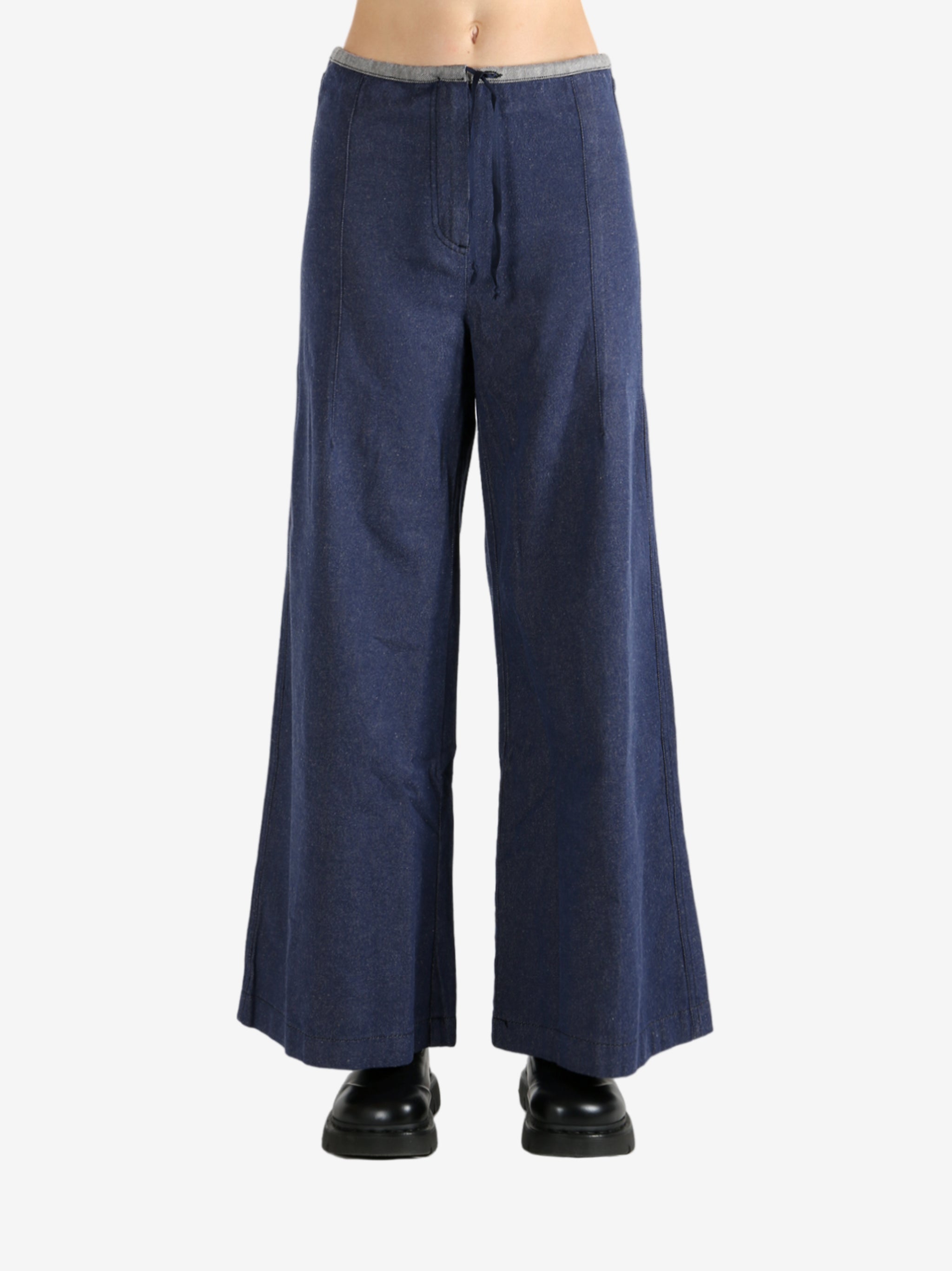 Blue pants worn by a person, showing the pants fit