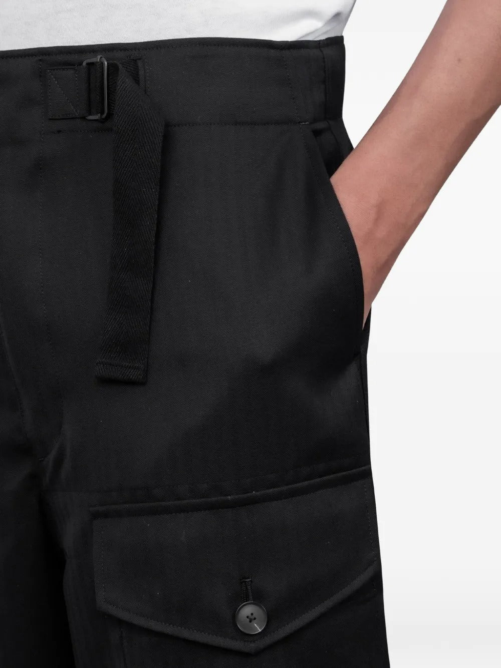 Close up of black pants , showing texture of the wool fabric