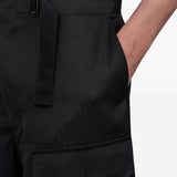 Close up of black pants , showing texture of the wool fabric