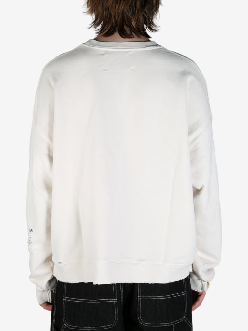 White sweatshirt worn by a person, showing the sweatshirt fit