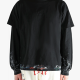 Black t-shirts worn by a person, showing the t-shirts fit