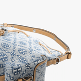 Close up of blue bags, showing the texture of fabric