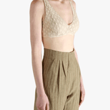 Tan bra worn by a person, showing the bra's fit