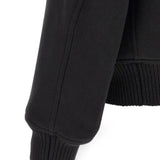 Close up of Black jacket, showing texture of the 100% wool fabric
