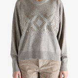 Grey knitwear worn by a person, showing the knitwear fit