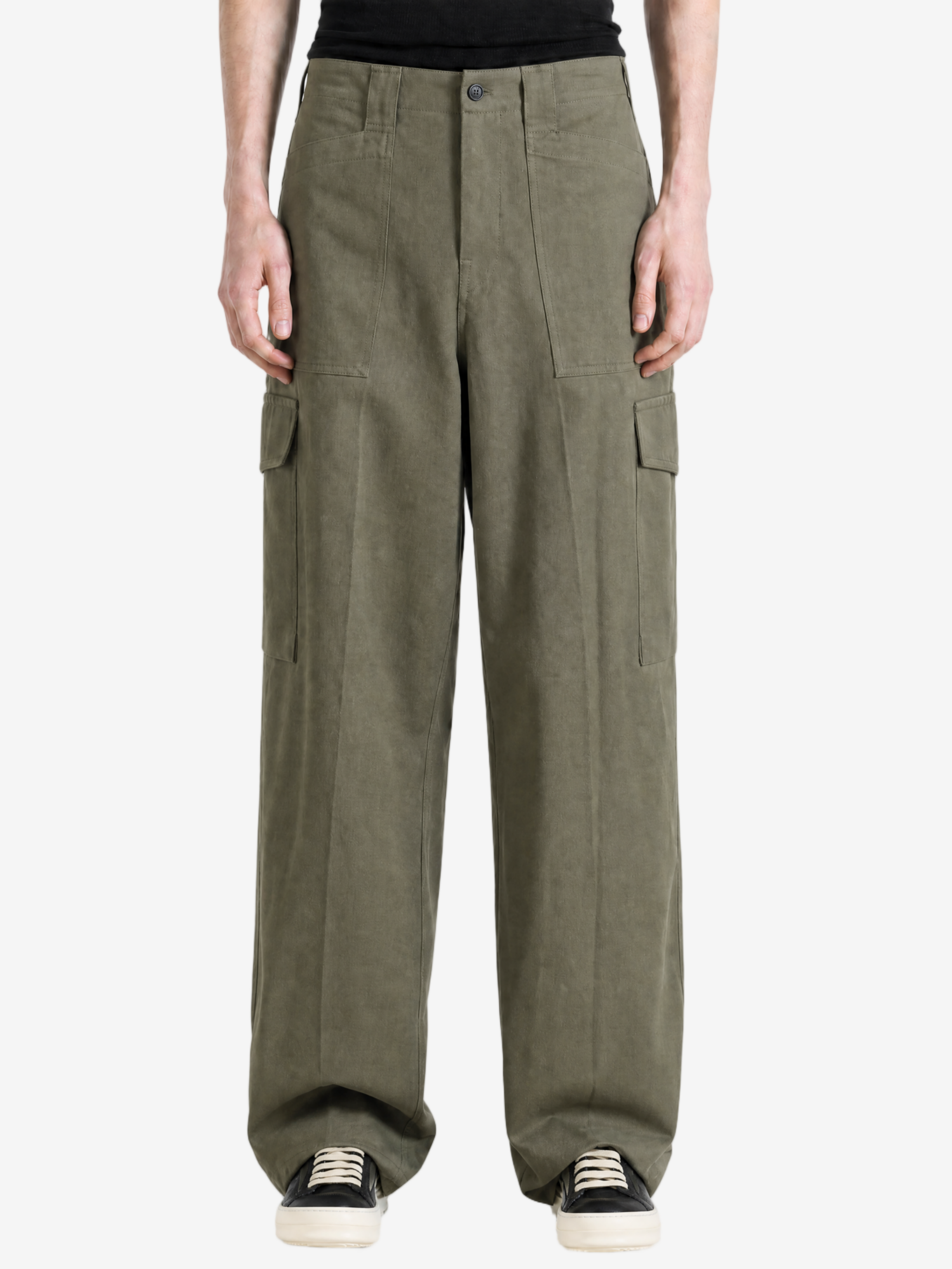 Green pants, full body view