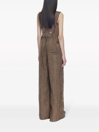 Brown overalls, full body view