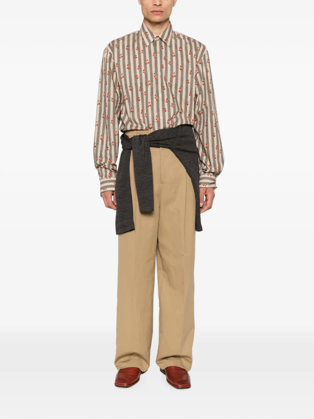 Tan shirt, full body view