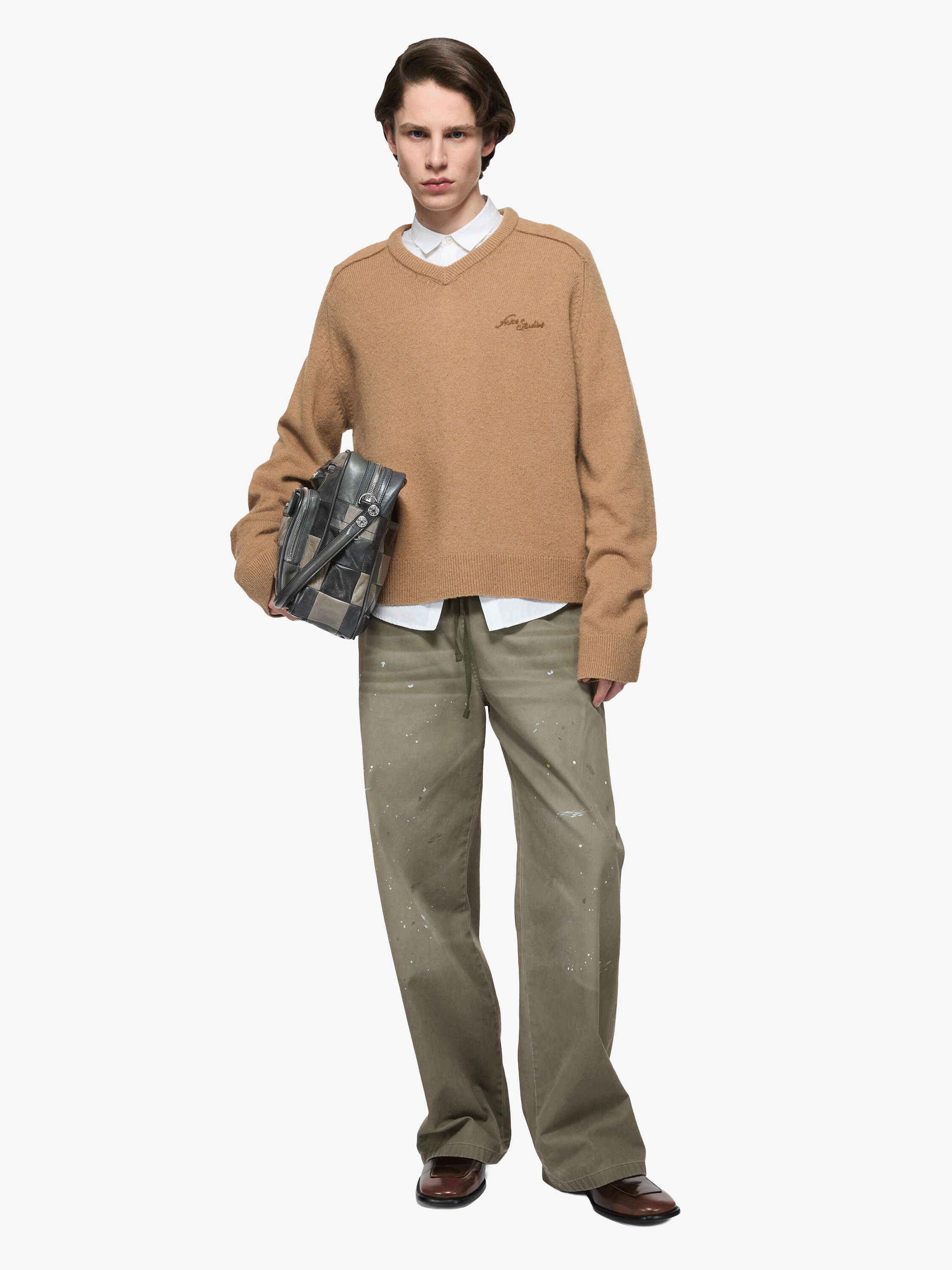 Green jeans, full body view