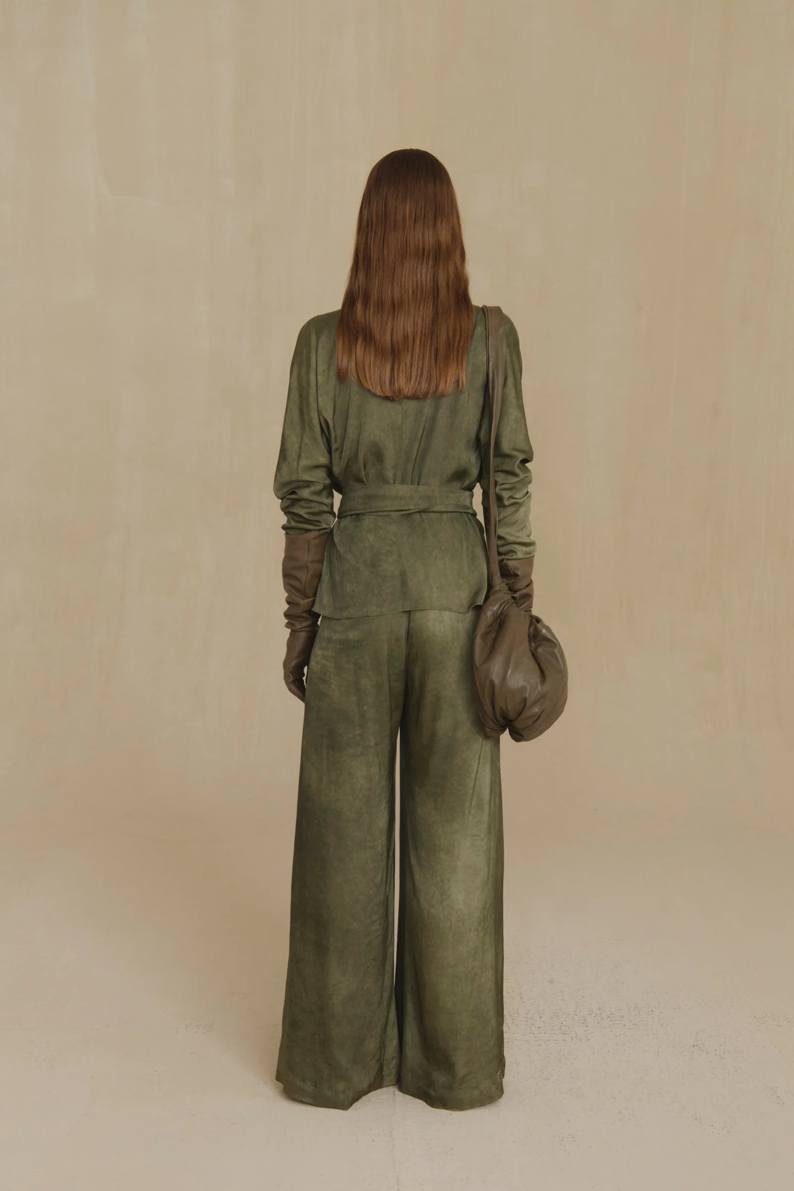 Green pants, full body view