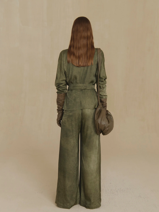 Green pants, full body view