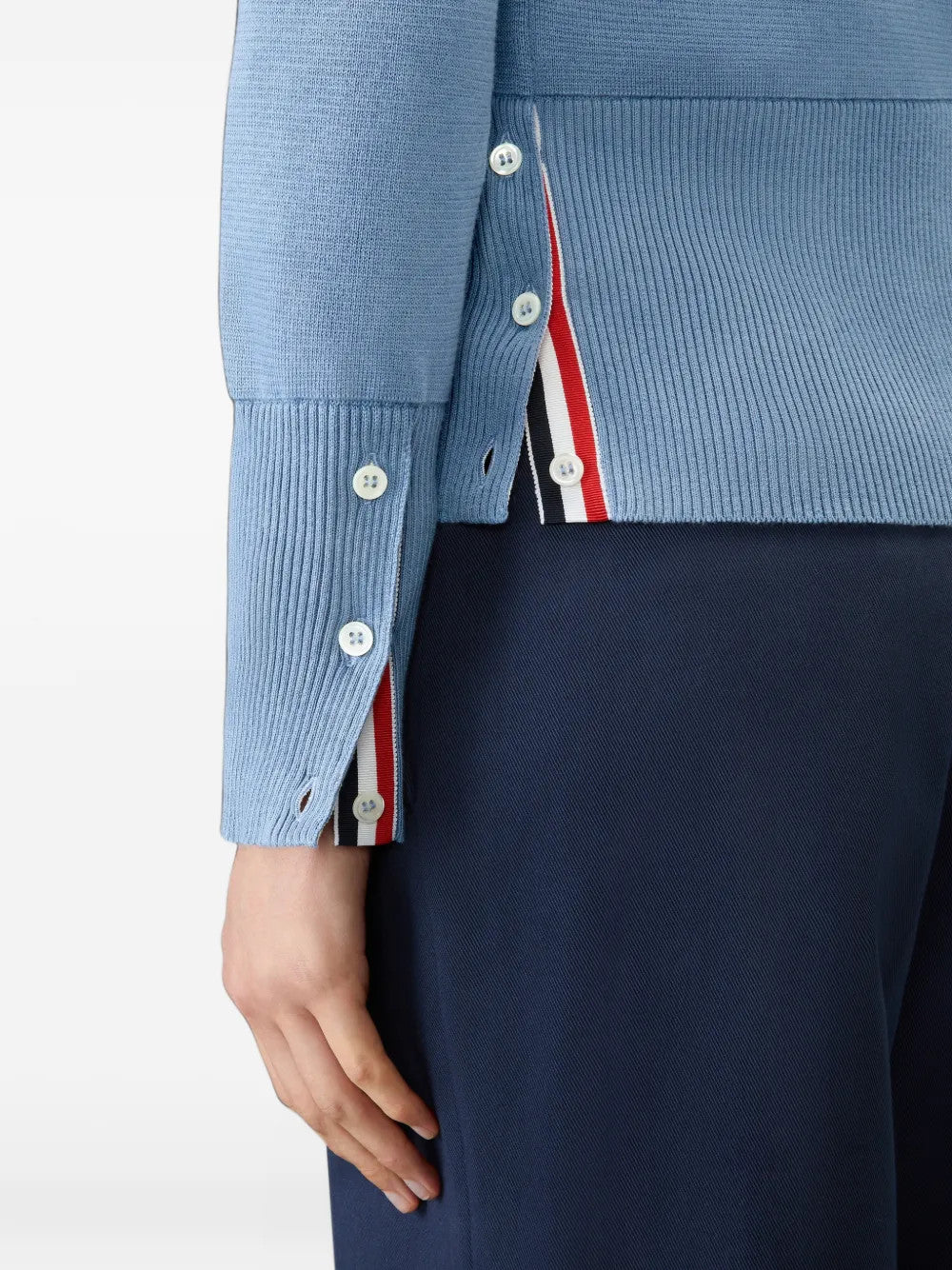 Close up of Blue knitwear, showing texture of the 100% cotton fabric