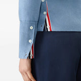 Close up of Blue knitwear, showing texture of the 100% cotton fabric