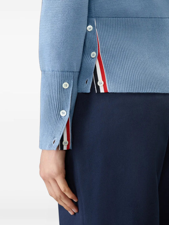 Close up of Blue knitwear, showing texture of the 100% cotton fabric