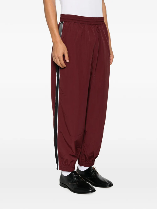 Burgundy pants, full body view