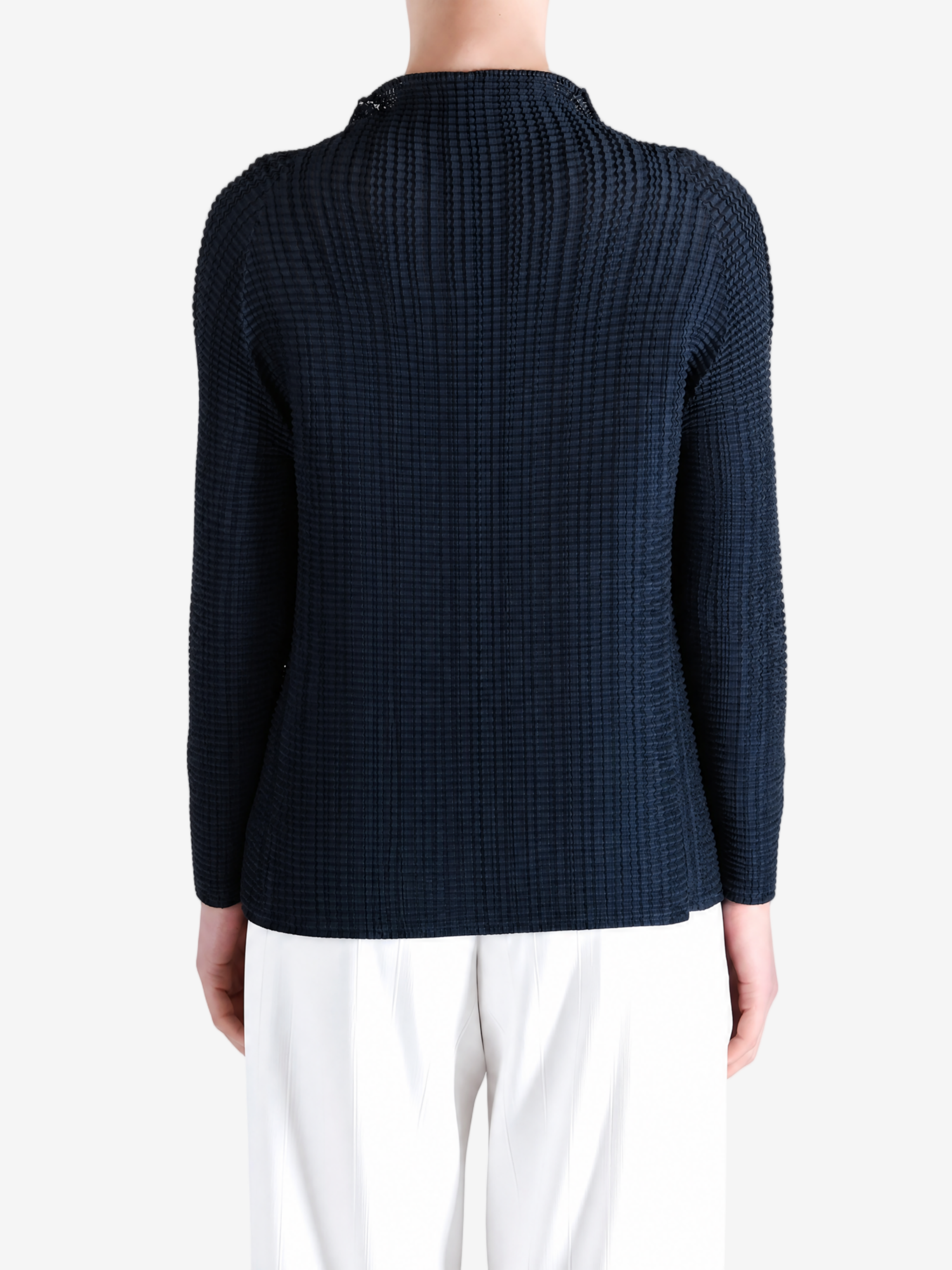 Navy shirt, full body view