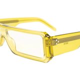 Close up of the yellow eyewear, showing texture of the acetate fabric