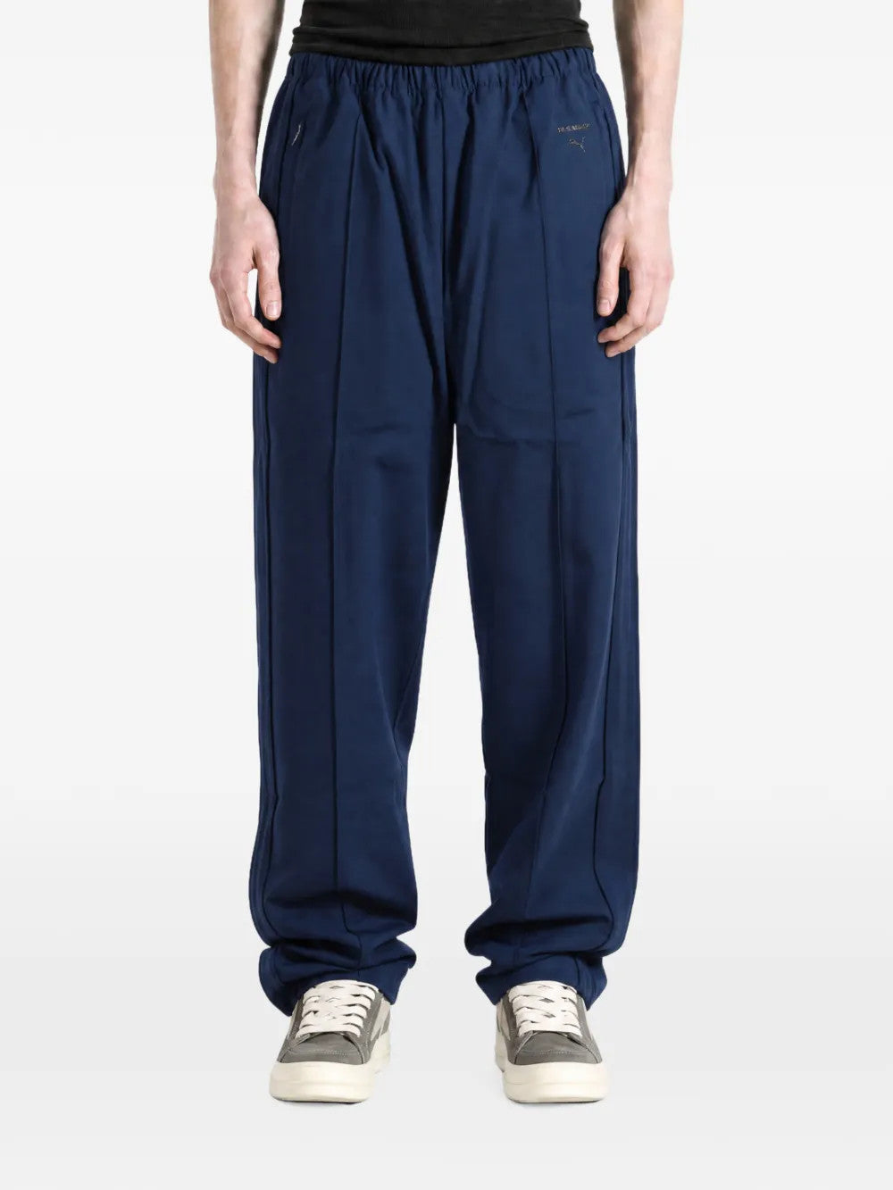 Navy pants, full body view