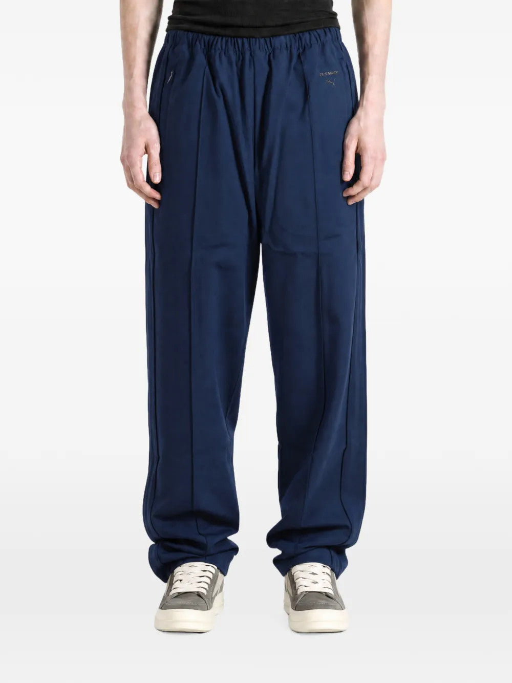 Navy pants, full body view