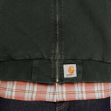 Close up of Green jacket, showing texture of the 100% cotton fabric