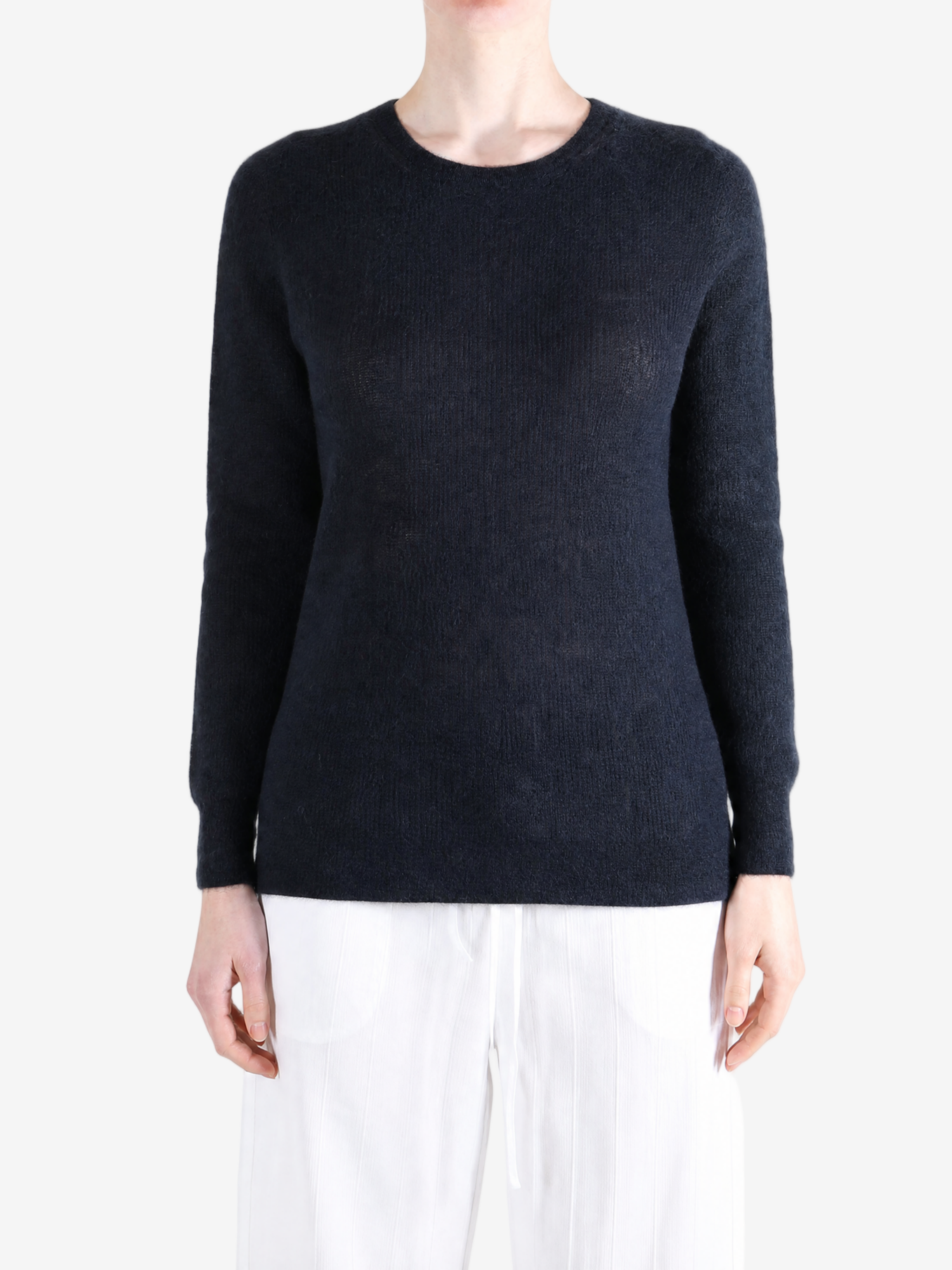 Navy knitwear, full body view
