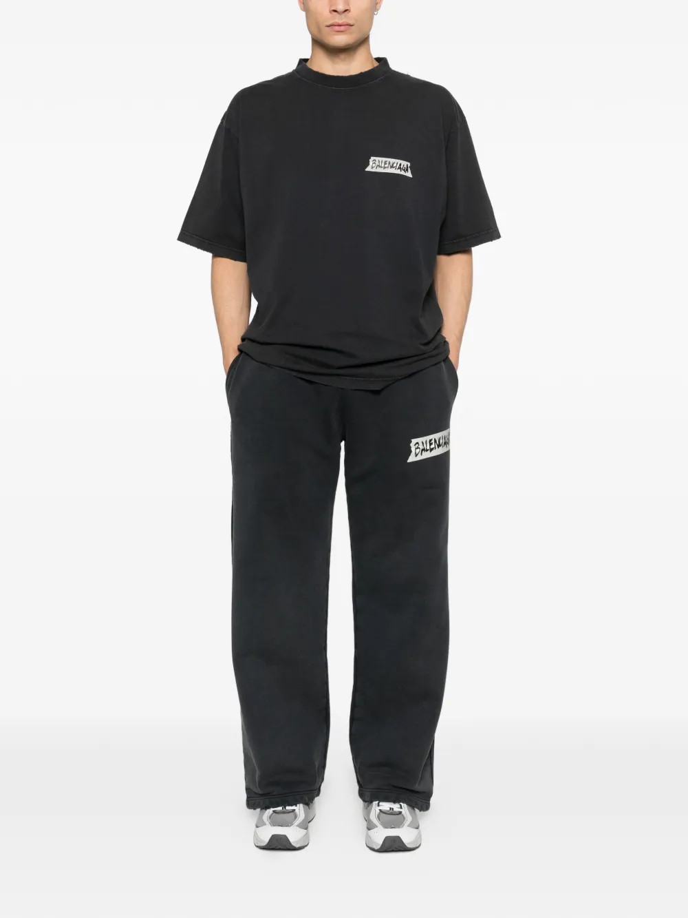 black t-shirt, full body view