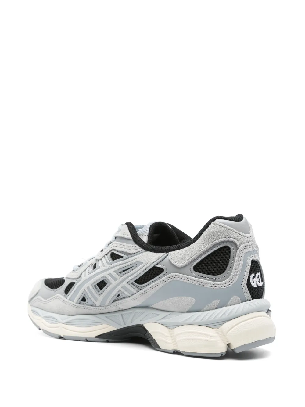 Grey sneakers, back view