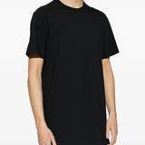 black t-shirts,worn by a person,showing the t-shirts fit