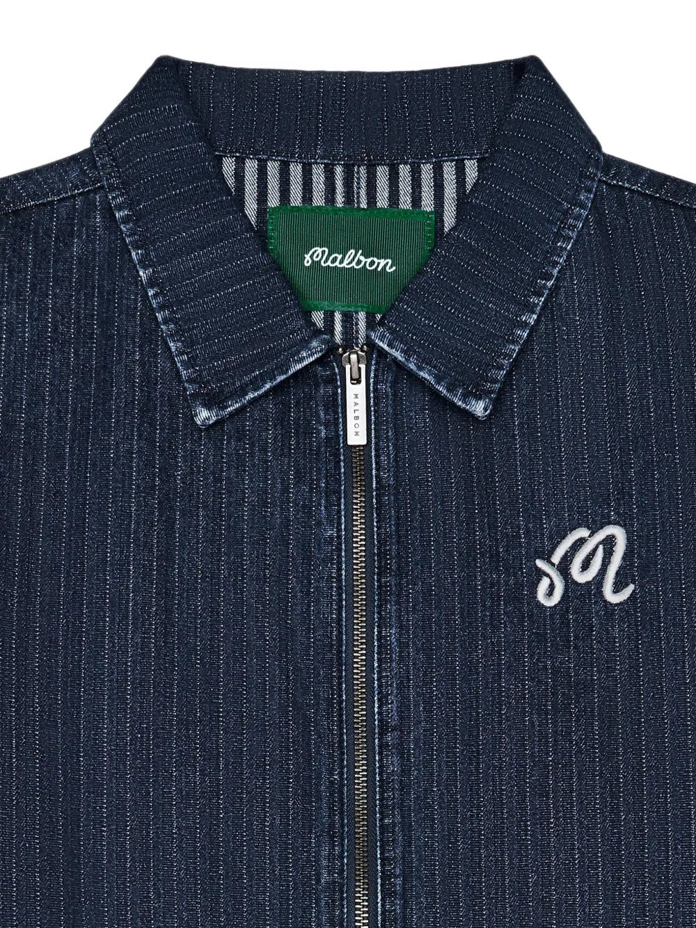 Close up of Navy jacket, showing texture of the 100% cotton fabric