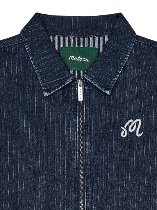Close up of Navy jacket, showing texture of the 100% cotton fabric
