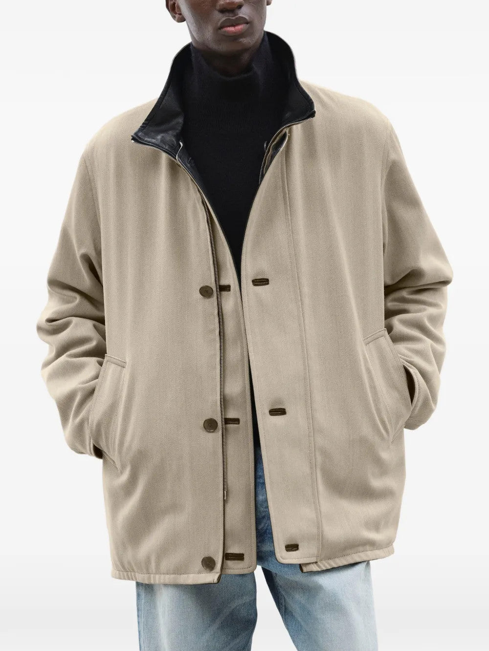Tan jacket, full body view