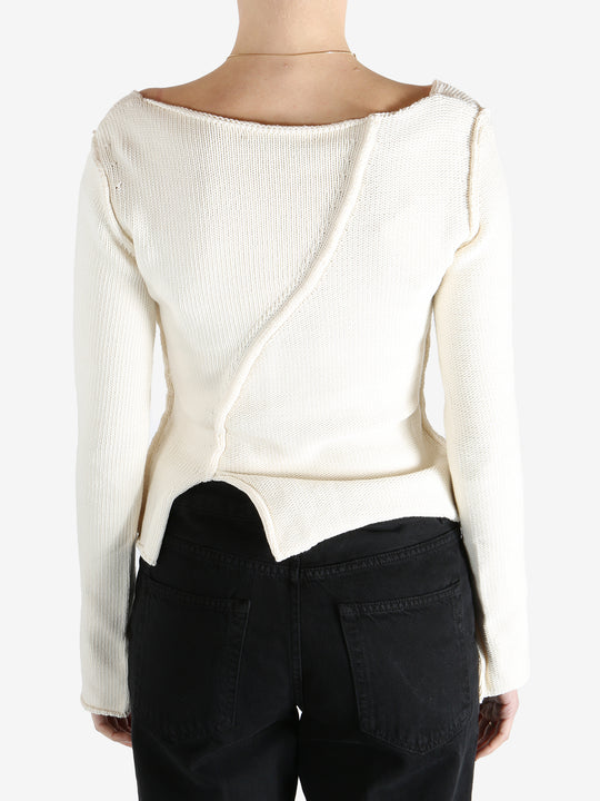 White sweater worn by a person, showing the sweater's fit