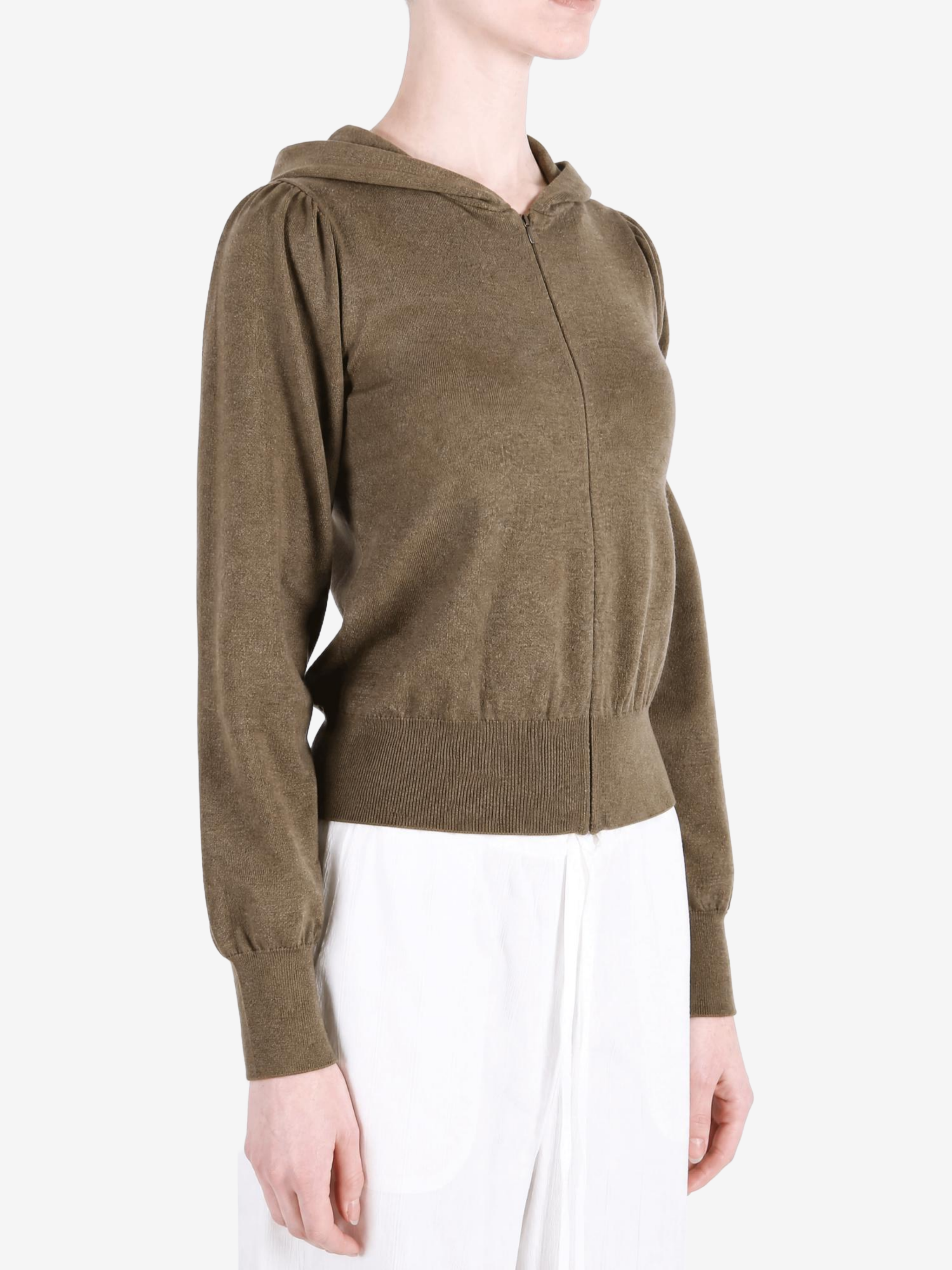 Brown hoodie worn by a person, showing the hoodie fit